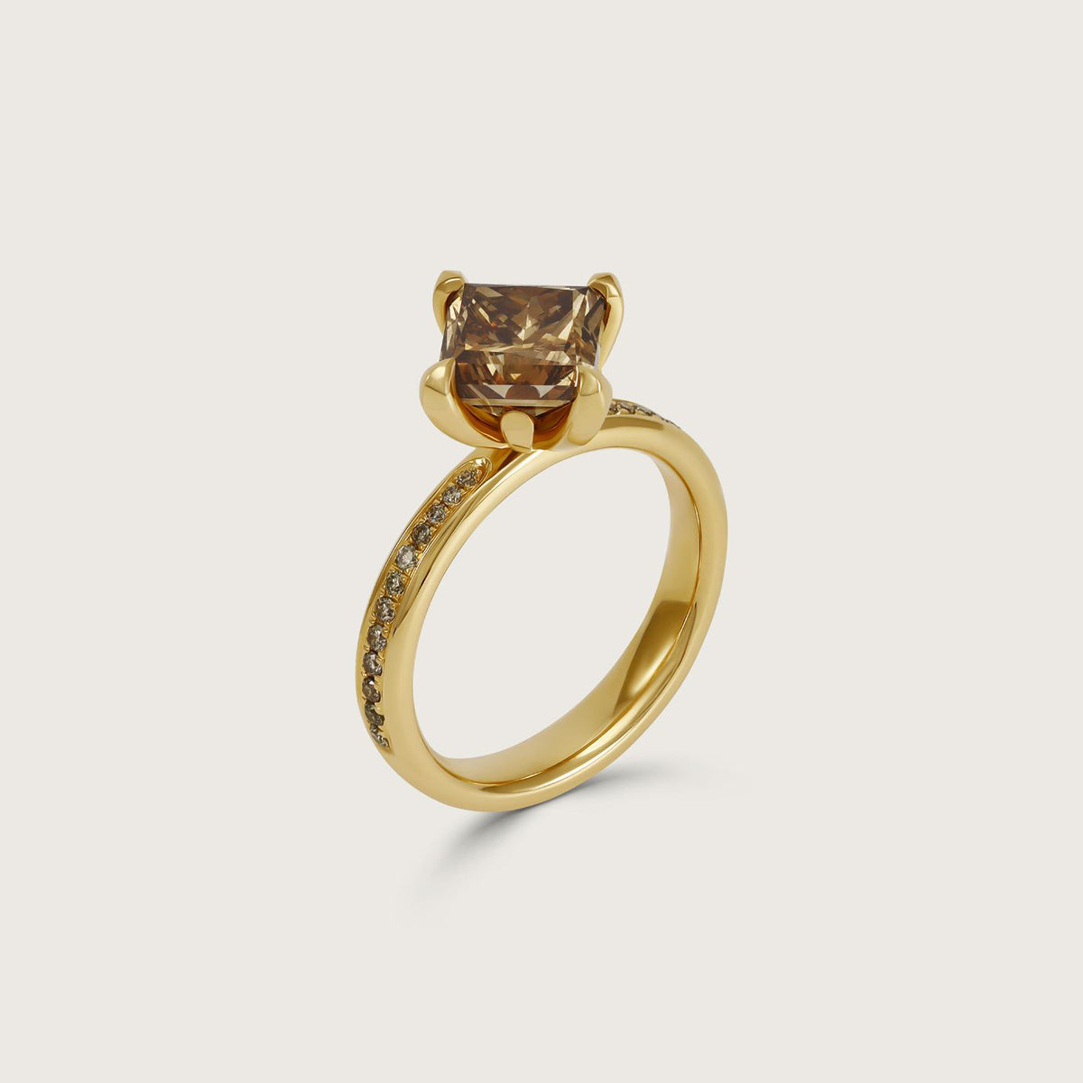 Fleur de Luce Princess Cut Brown Diamond Solitaire Ring with Pavé Band in 18k Yellow Gold