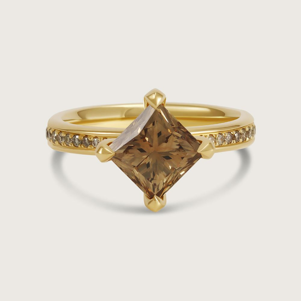 Fleur de Luce Princess Cut Brown Diamond Solitaire Ring with Pavé Band in 18k Yellow Gold 2