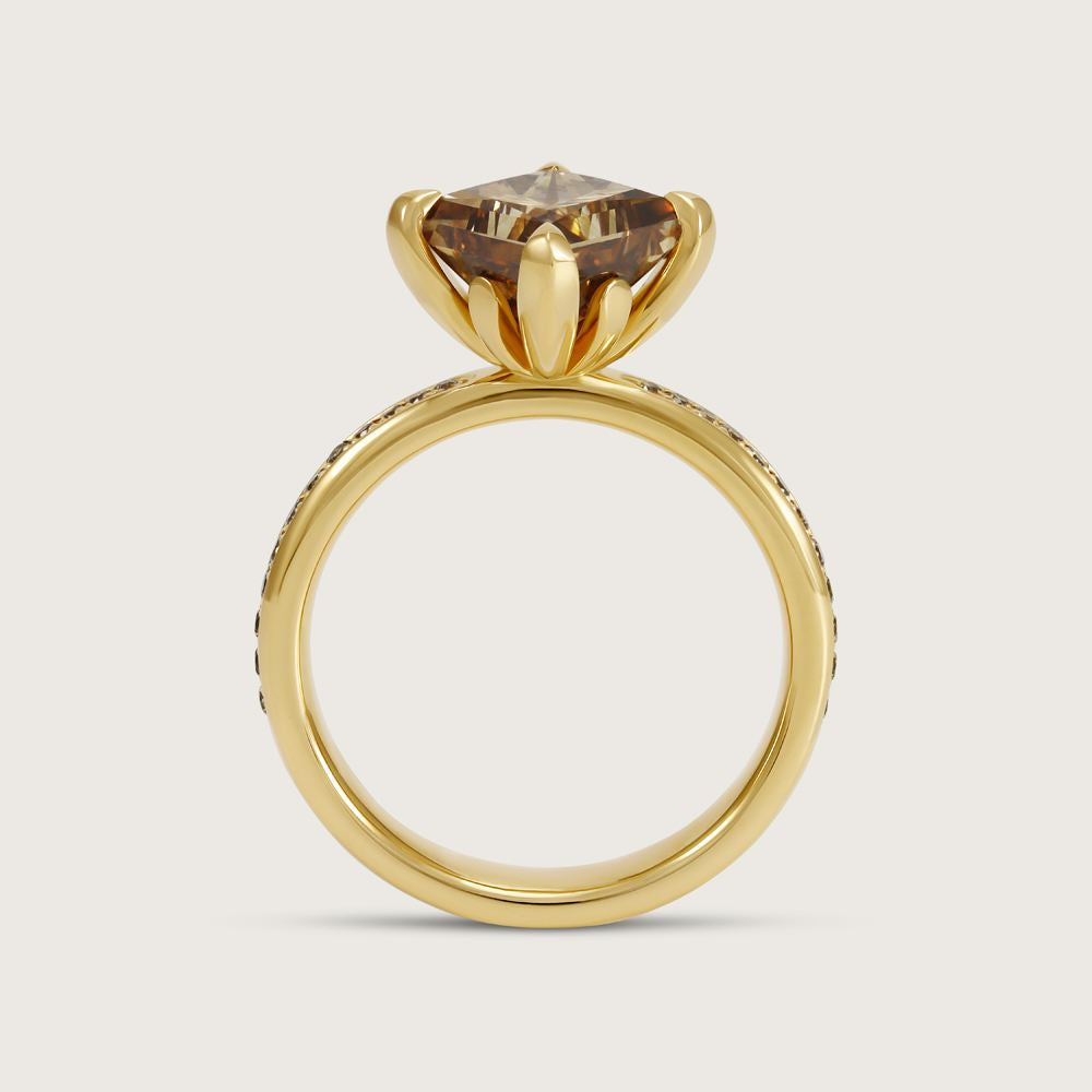 Fleur de Luce Princess Cut Brown Diamond Solitaire Ring with Pavé Band in 18k Yellow Gold 4