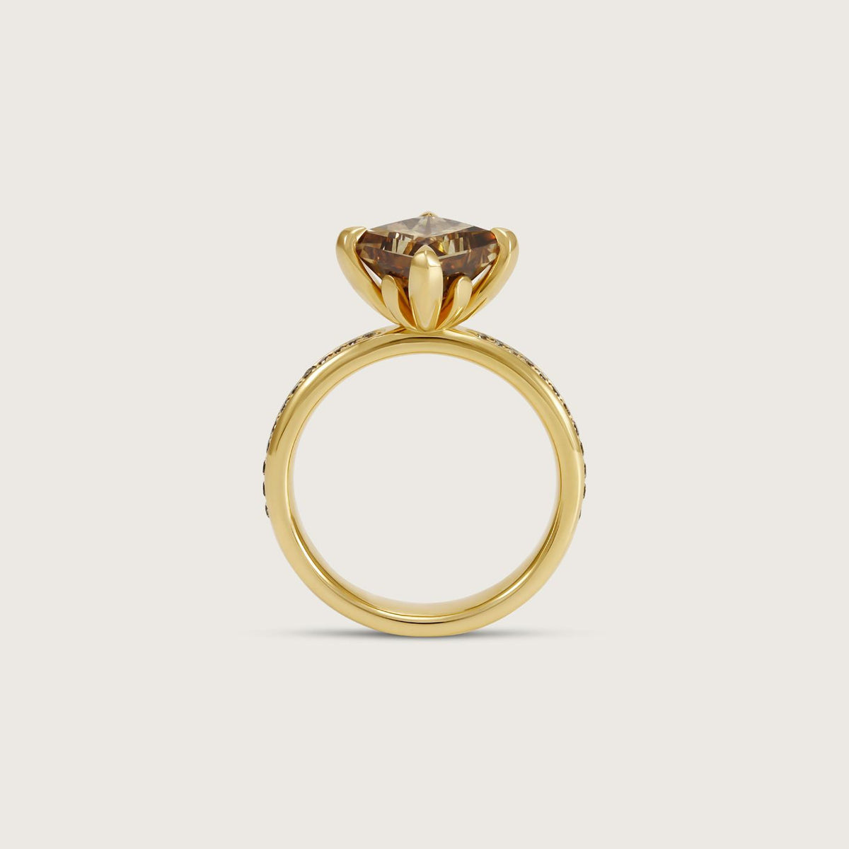 Fleur de Luce Princess Cut Brown Diamond Solitaire Ring with Pavé Band in 18k Yellow Gold
