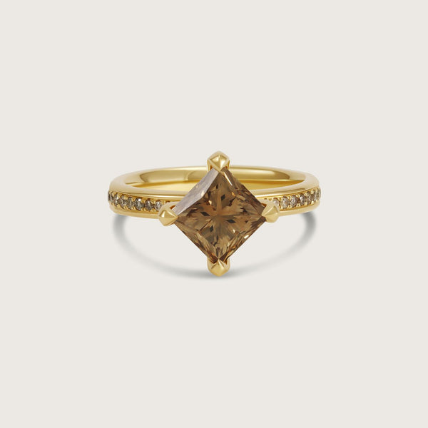 Fleur de Luce Princess Cut Brown Diamond Solitaire Ring with Pavé Band in 18k Yellow Gold