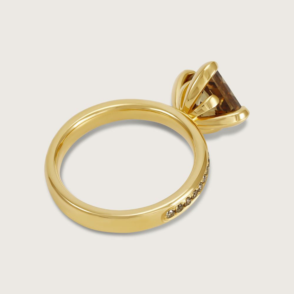 Fleur de Luce Princess Cut Brown Diamond Solitaire Ring with Pavé Band in 18k Yellow Gold 3