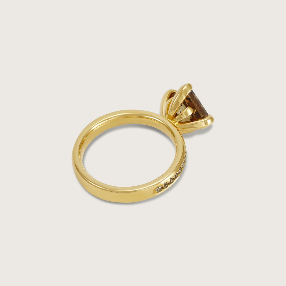 Fleur de Luce Princess Cut Brown Diamond Solitaire Ring with Pavé Band in 18k Yellow Gold