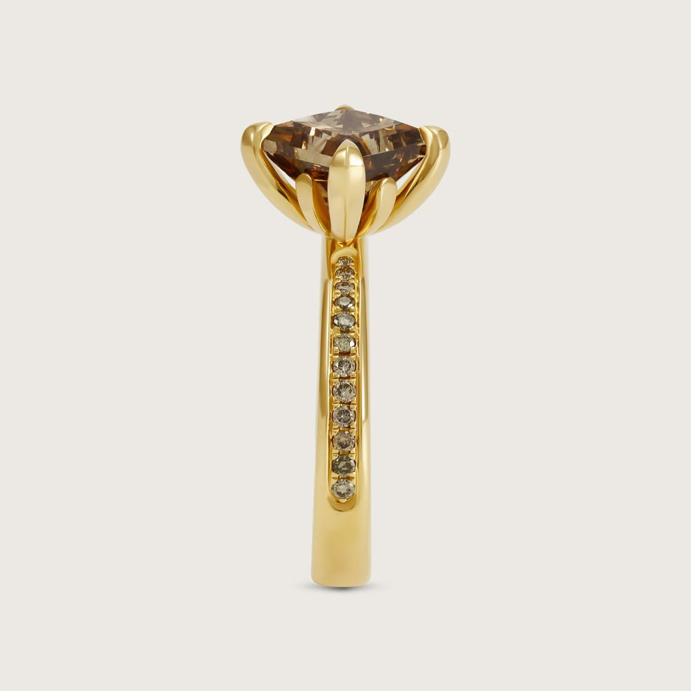 Fleur de Luce Princess Cut Brown Diamond Solitaire Ring with Pavé Band in 18k Yellow Gold 5