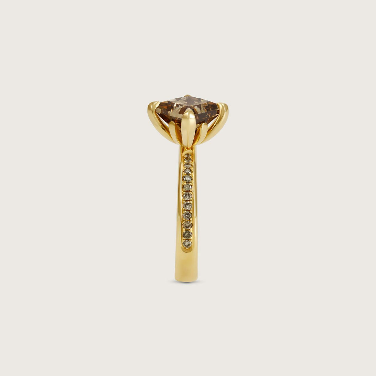 Fleur de Luce Princess Cut Brown Diamond Solitaire Ring with Pavé Band in 18k Yellow Gold