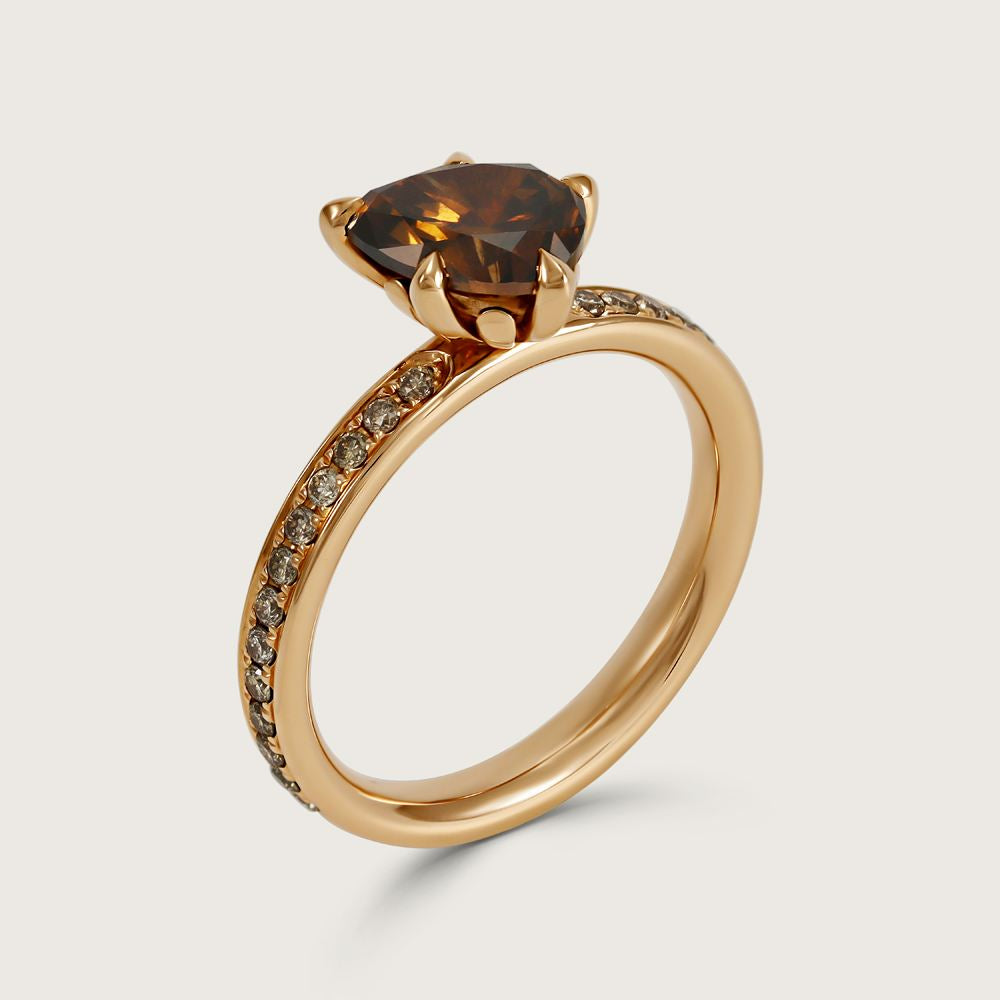 Fleur de Luce Pear Brown Diamond Solitaire Ring with Pavé Band in 18k Rose Gold