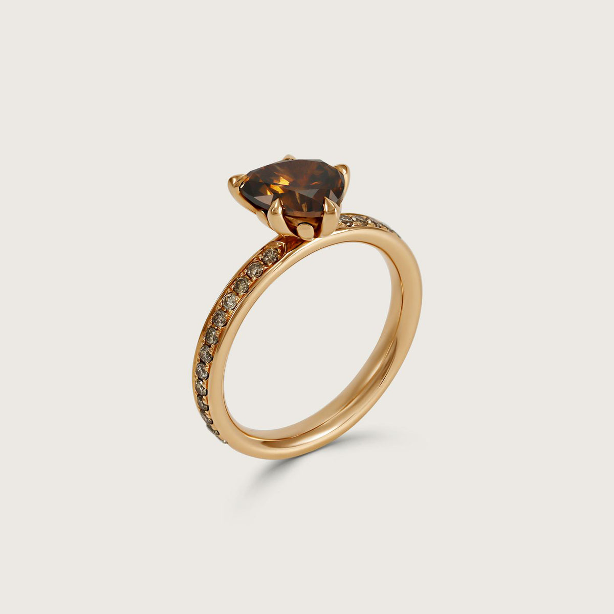 Fleur de Luce Pear Brown Diamond Solitaire Ring with Pavé Band in 18k Rose Gold