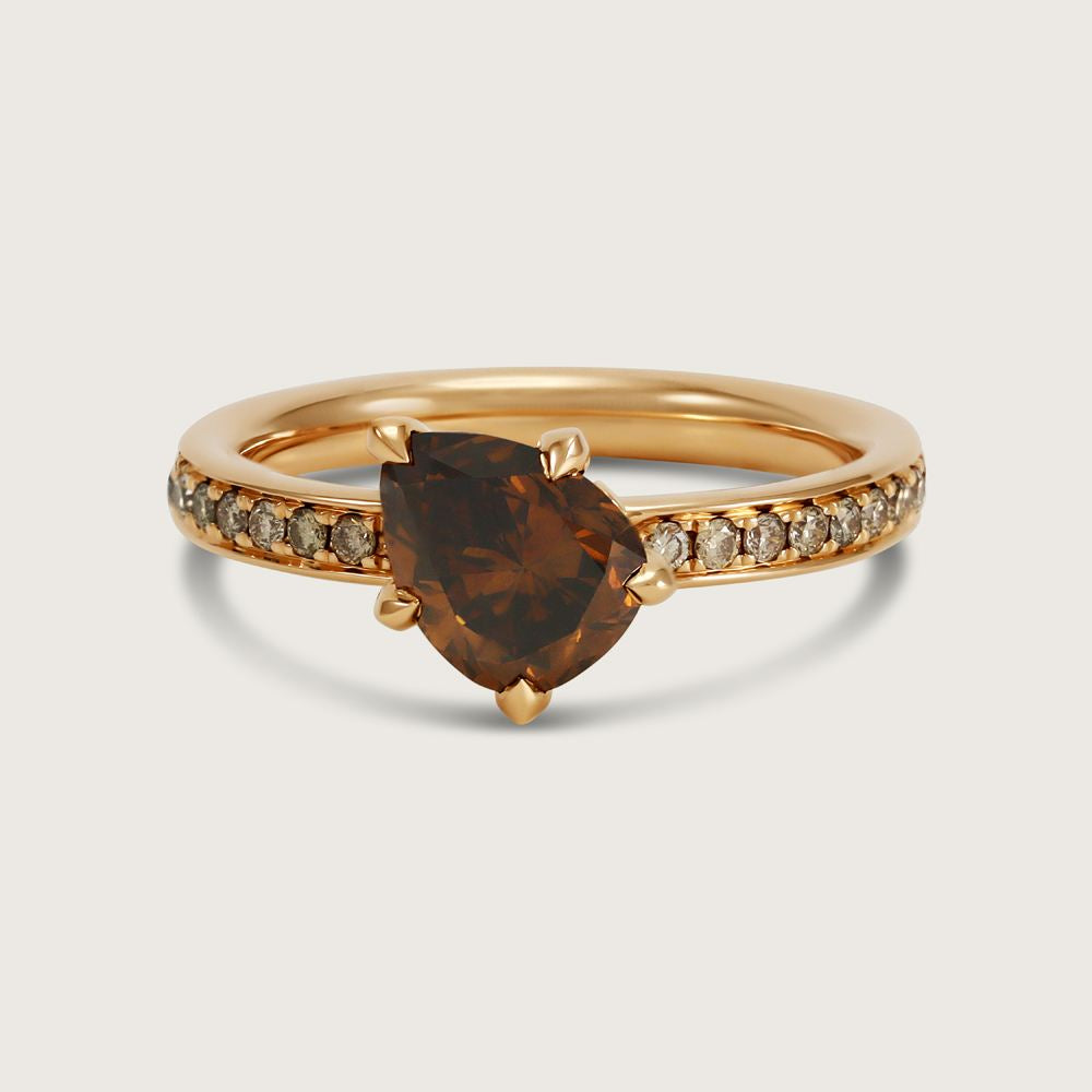 Fleur de Luce Pear Brown Diamond Solitaire Ring with Pavé Band in 18k Rose Gold 2