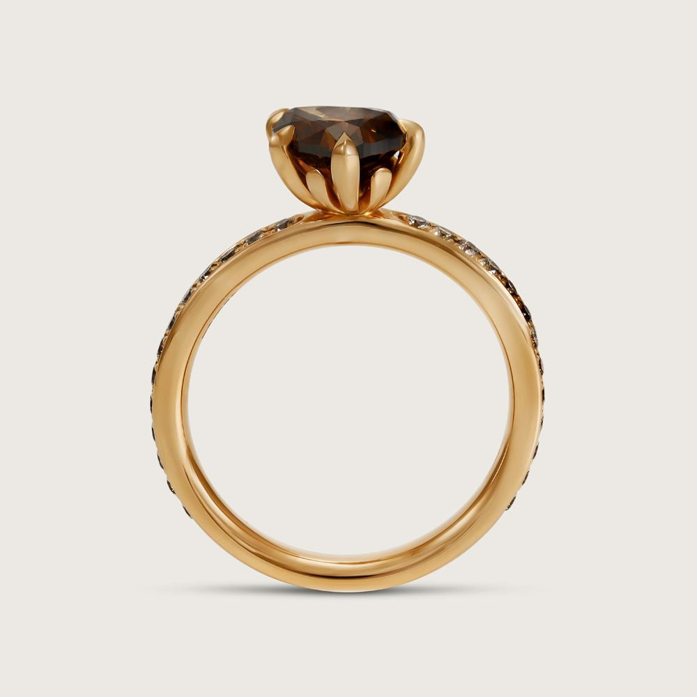 Fleur de Luce Pear Brown Diamond Solitaire Ring with Pavé Band in 18k Rose Gold