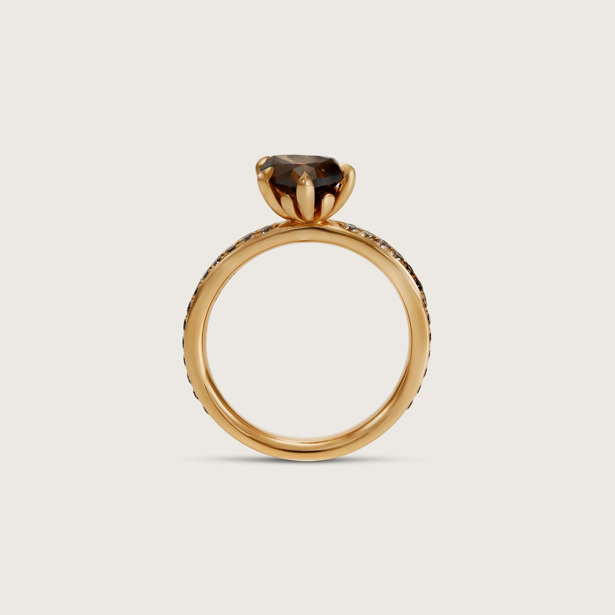 Fleur de Luce Pear Brown Diamond Solitaire Ring with Pavé Band in 18k Rose Gold