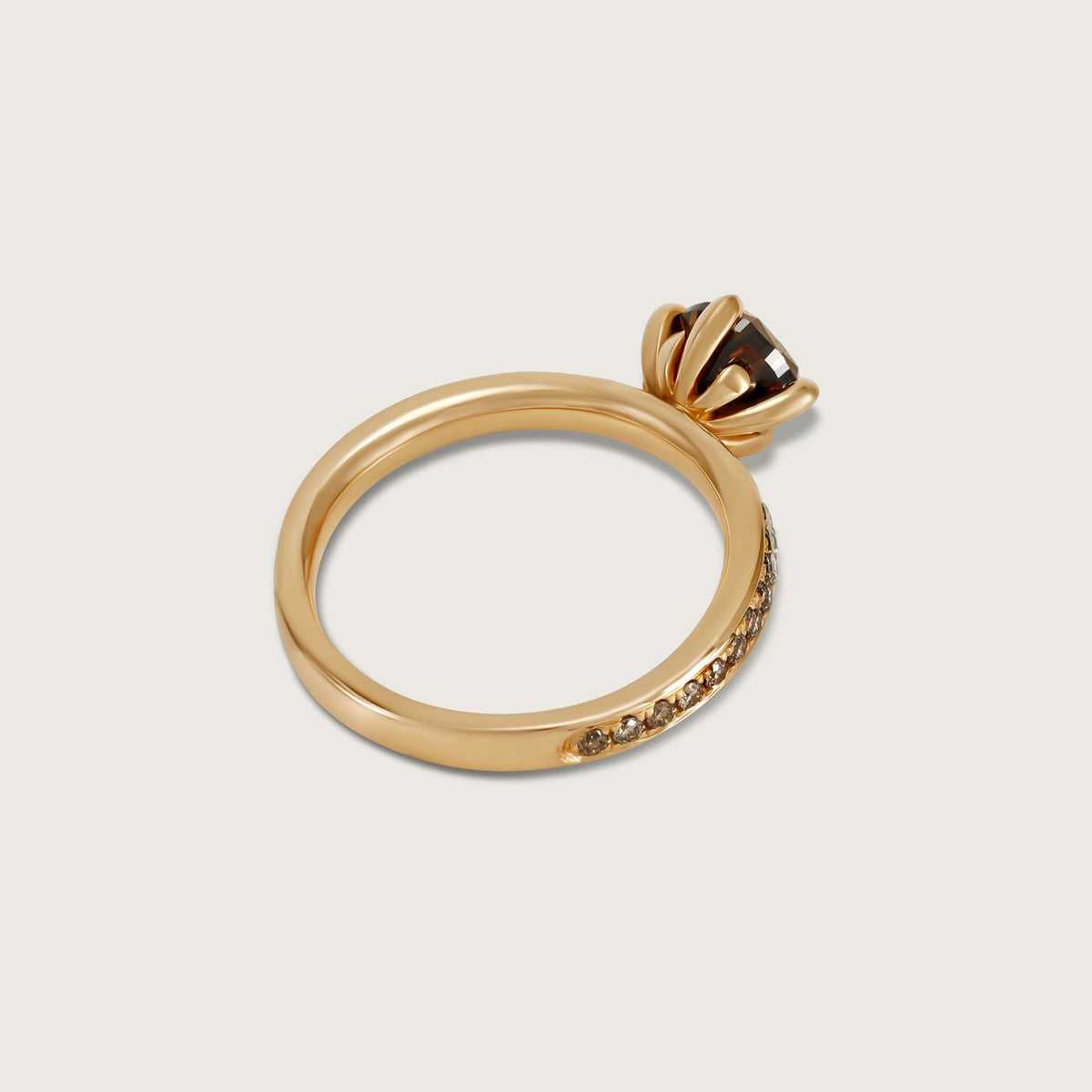 Fleur de Luce Pear Brown Diamond Solitaire Ring with Pavé Band in 18k Rose Gold