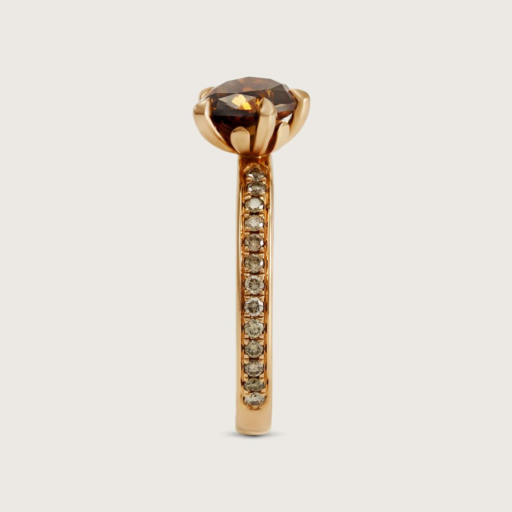 Fleur de Luce Pear Brown Diamond Solitaire Ring with Pavé Band in 18k Rose Gold 4
