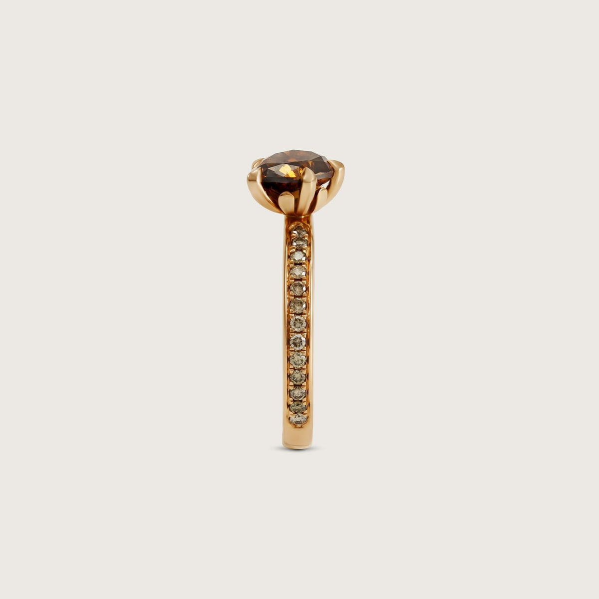 Fleur de Luce Pear Brown Diamond Solitaire Ring with Pavé Band in 18k Rose Gold