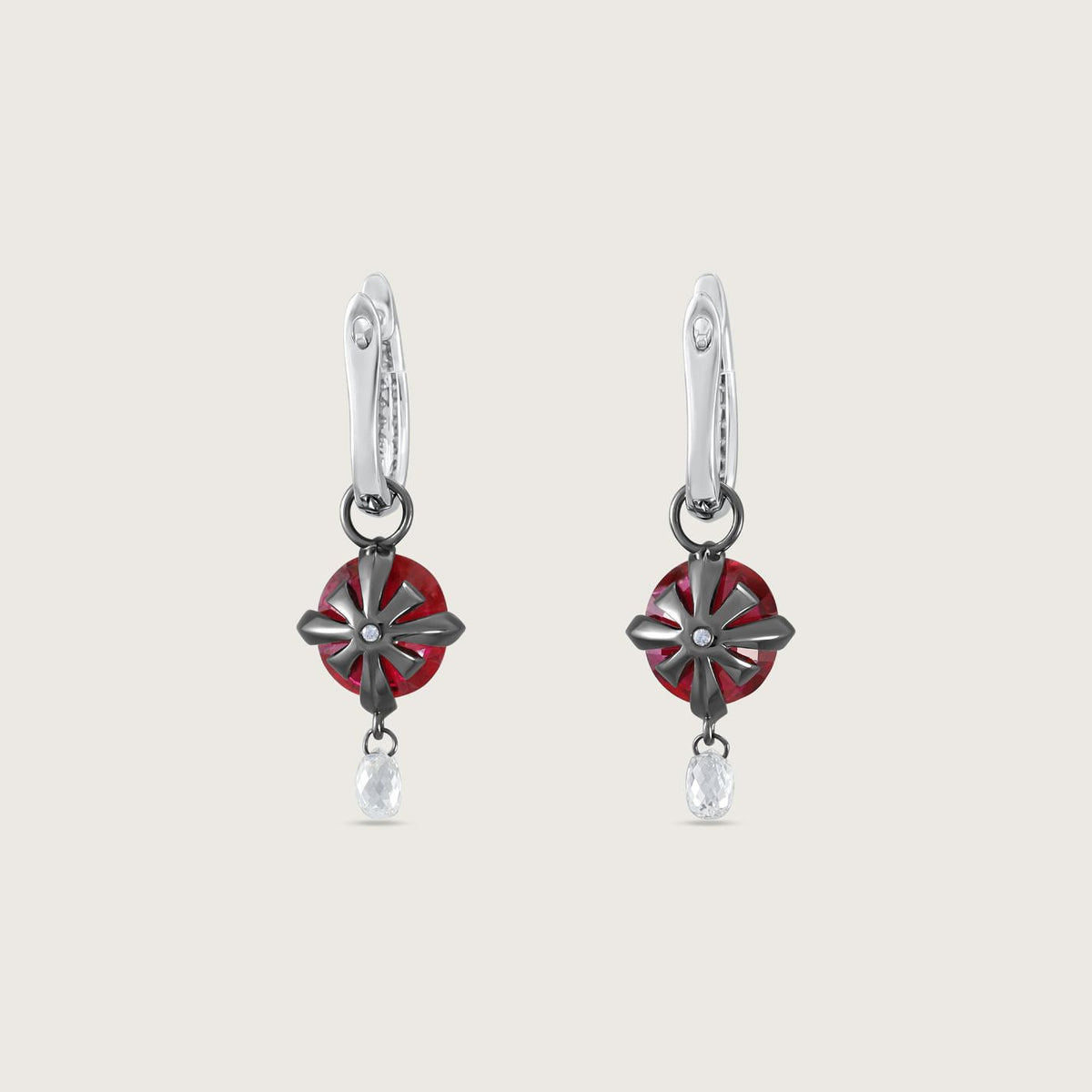 Fleur de Luce Ruby Earring Drops in Blackened 18k White Gold