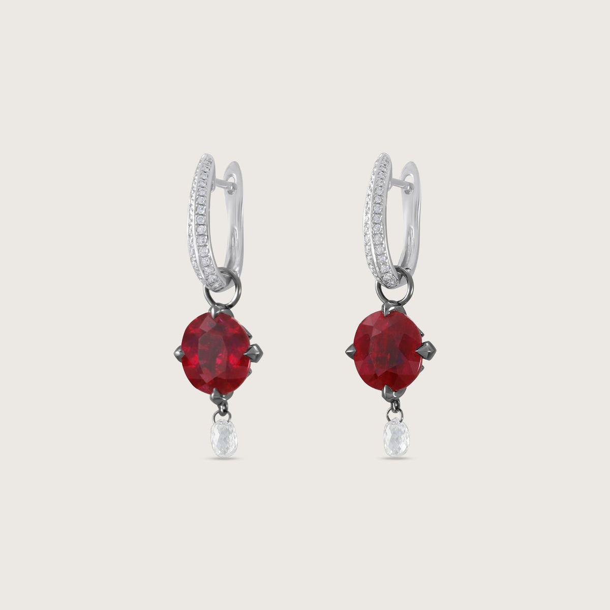 Fleur de Luce Ruby Earring Drops in Blackened 18k White Gold