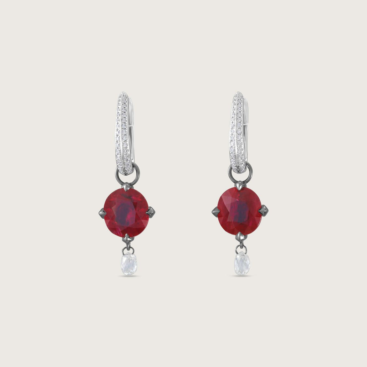 Fleur de Luce Ruby Earring Drops in Blackened 18k White Gold