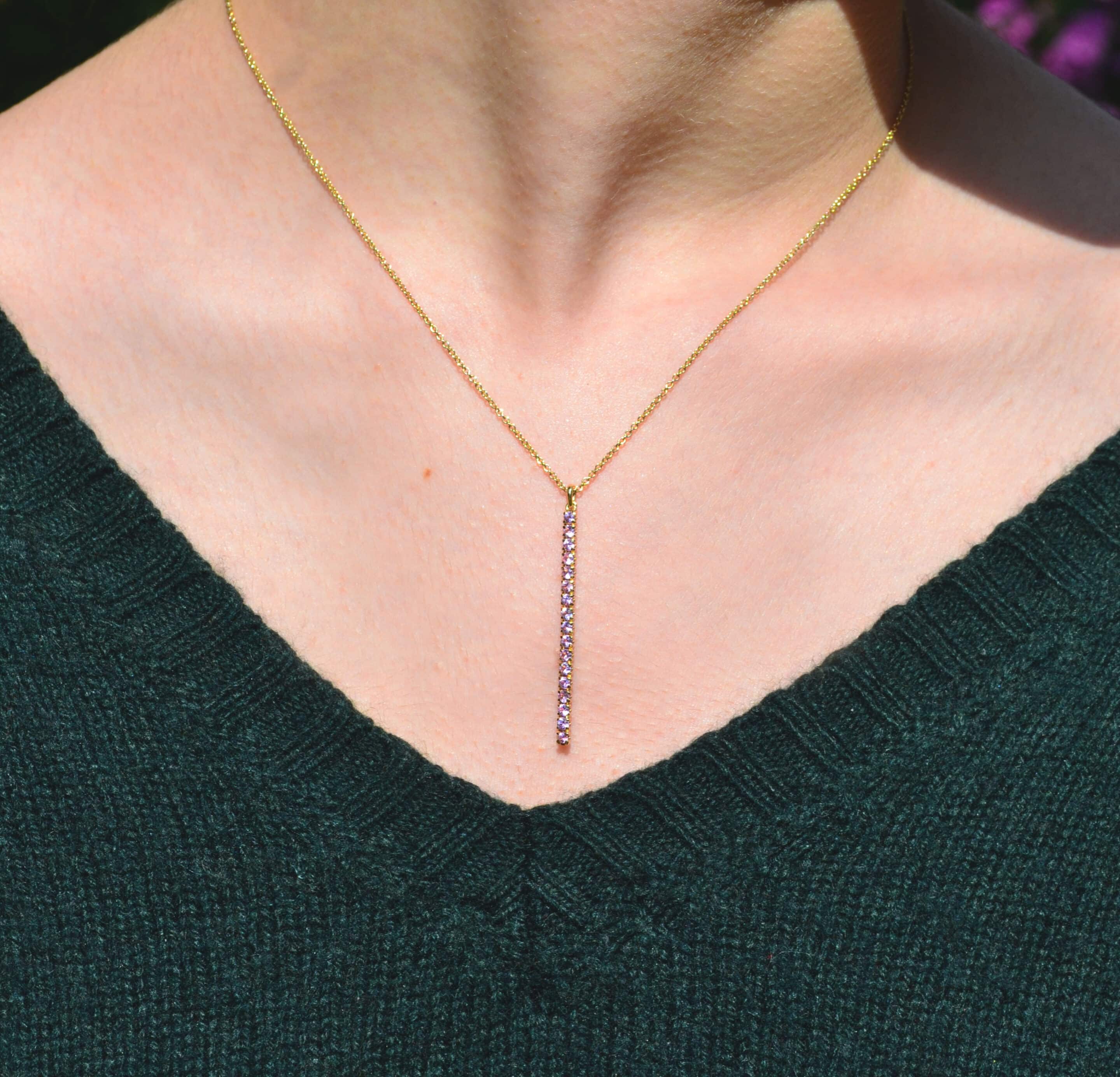 Pendant Necklace: Pink Sapphire Long Bar Pendant in 18k Yellow Gold