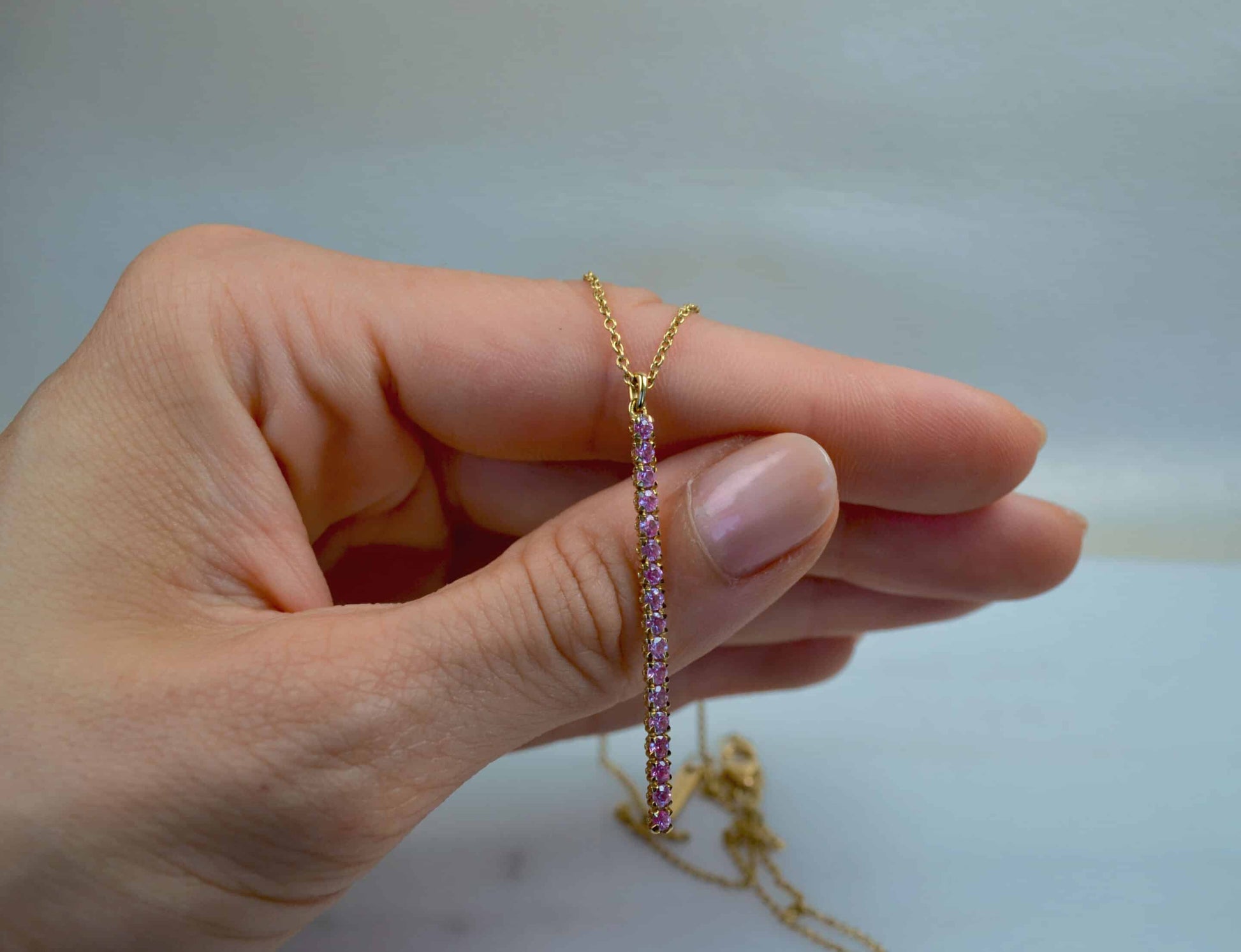Pendant Necklace: Pink Sapphire Long Bar Pendant in 18k Yellow Gold