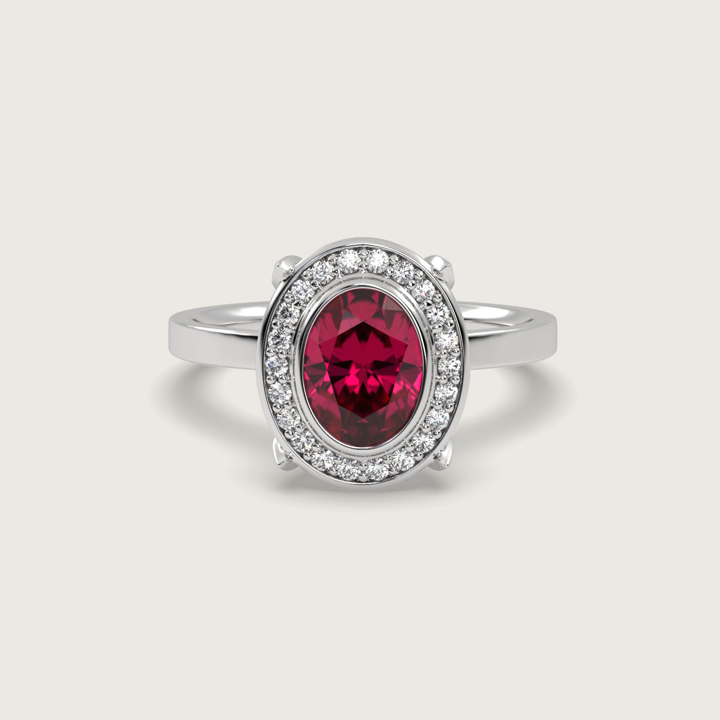 Oval Ruby Halo Engagement Ring in Fleur de Luce Setting