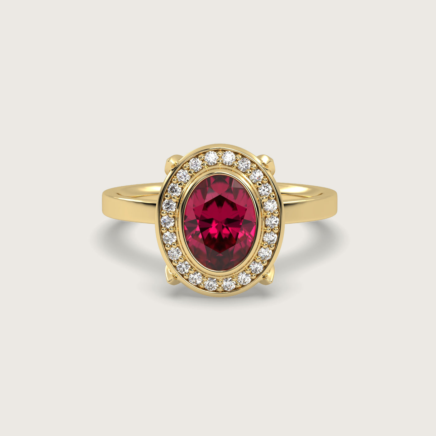 Oval Ruby Halo Engagement Ring in Fleur de Luce Setting