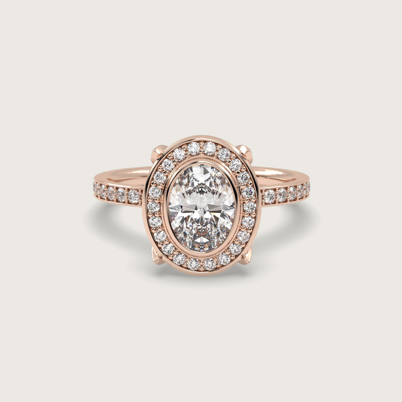 Oval Diamond Halo Engagement Ring with Pavé Set Band in Fleur de Luce Setting