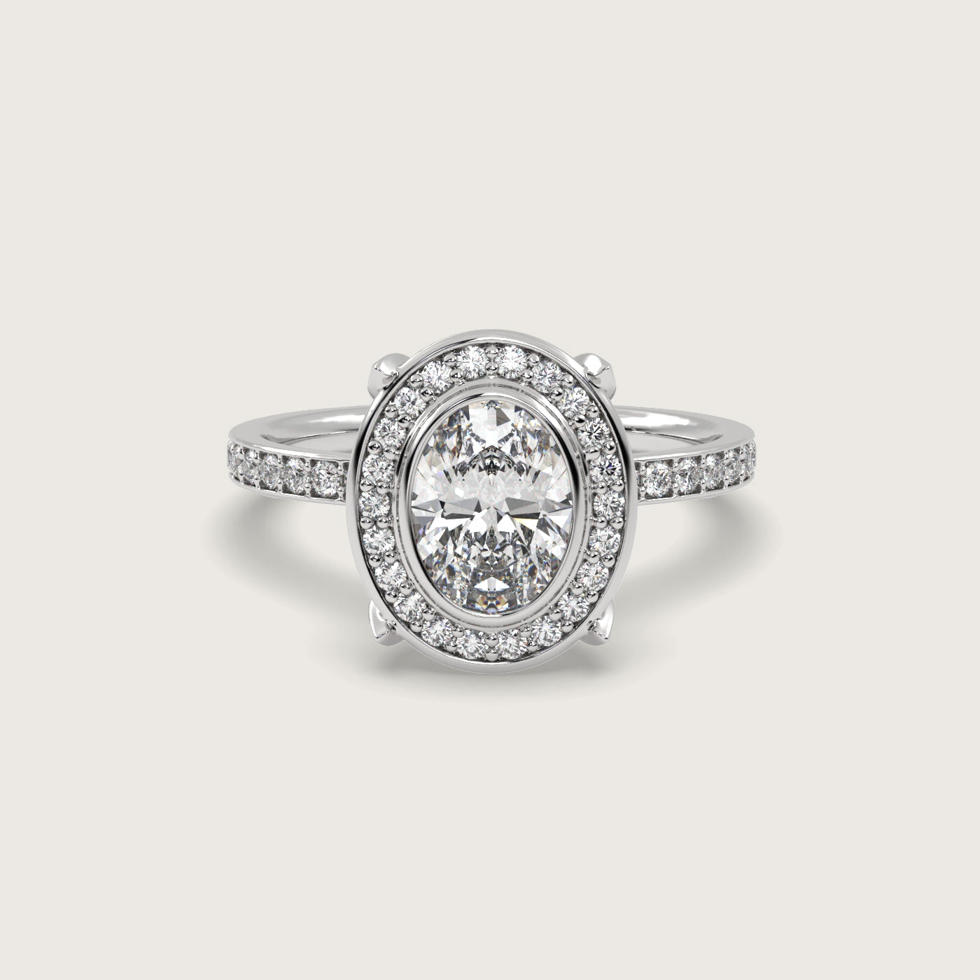 Oval Diamond Halo Engagement Ring with Pavé Set Band in Fleur de Luce Setting