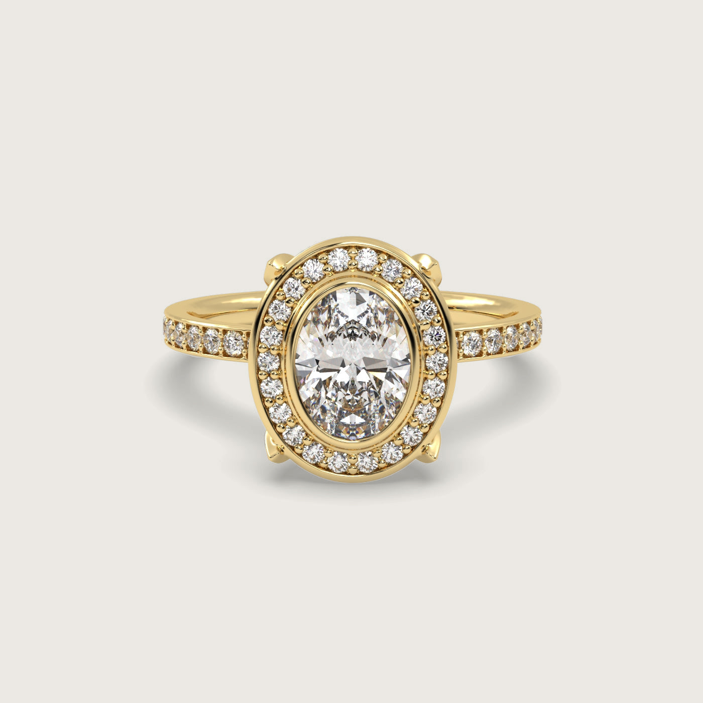 Oval Diamond Halo Engagement Ring with Pavé Set Band in Fleur de Luce Setting