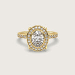 Oval Diamond Halo Engagement Ring with Pavé Set Band in Fleur de Luce Setting