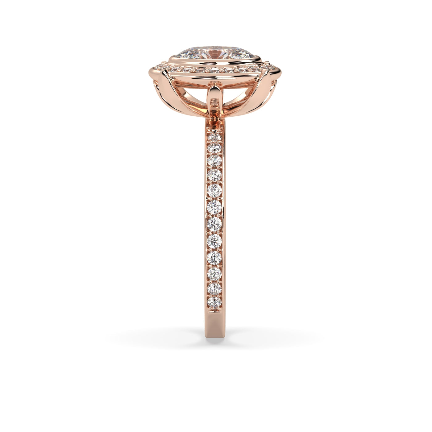 Fleur de Luce Oval Diamond Halo Engagement Ring with Pavé Set Band