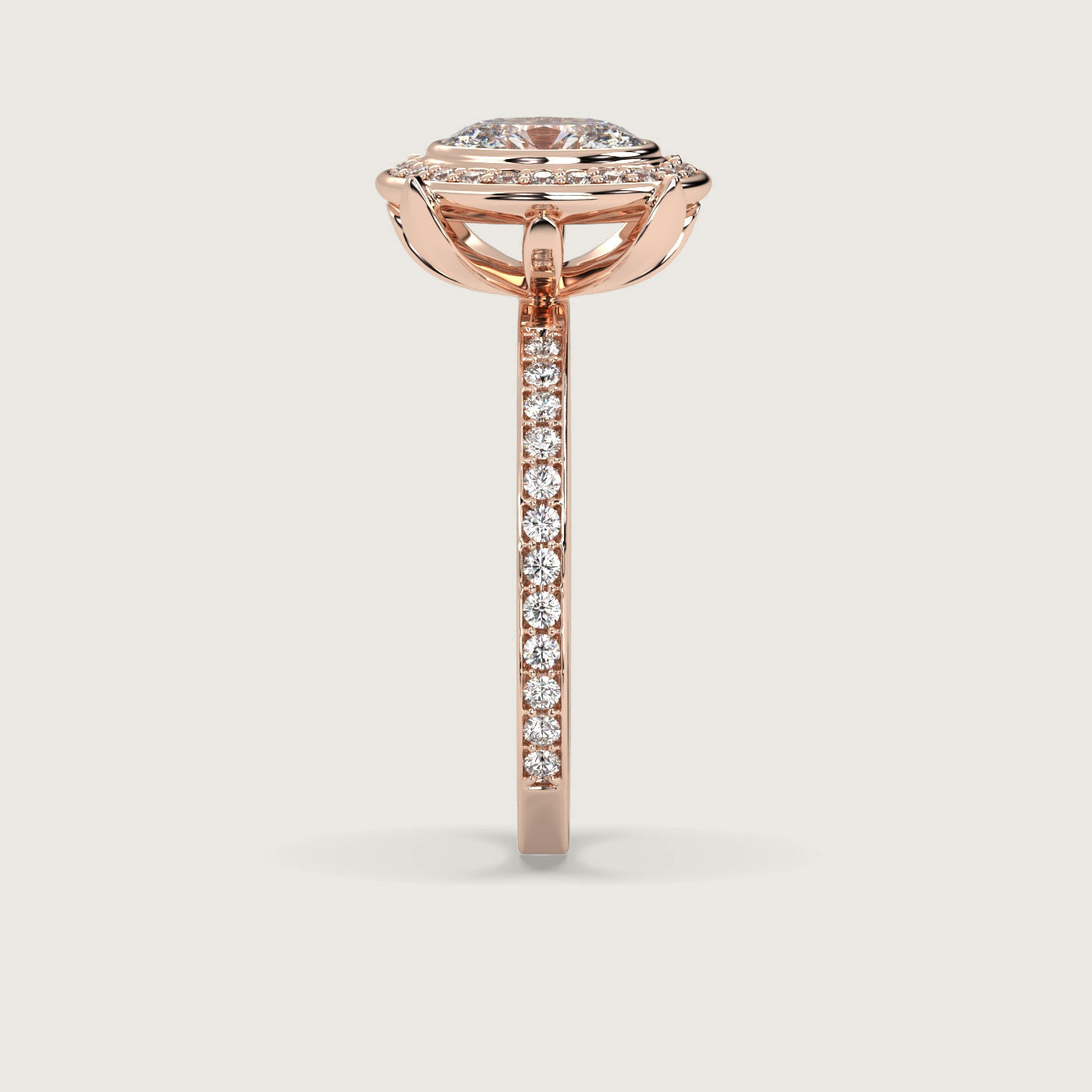 Oval Diamond Halo Engagement Ring with Pavé Set Band in Fleur de Luce Setting