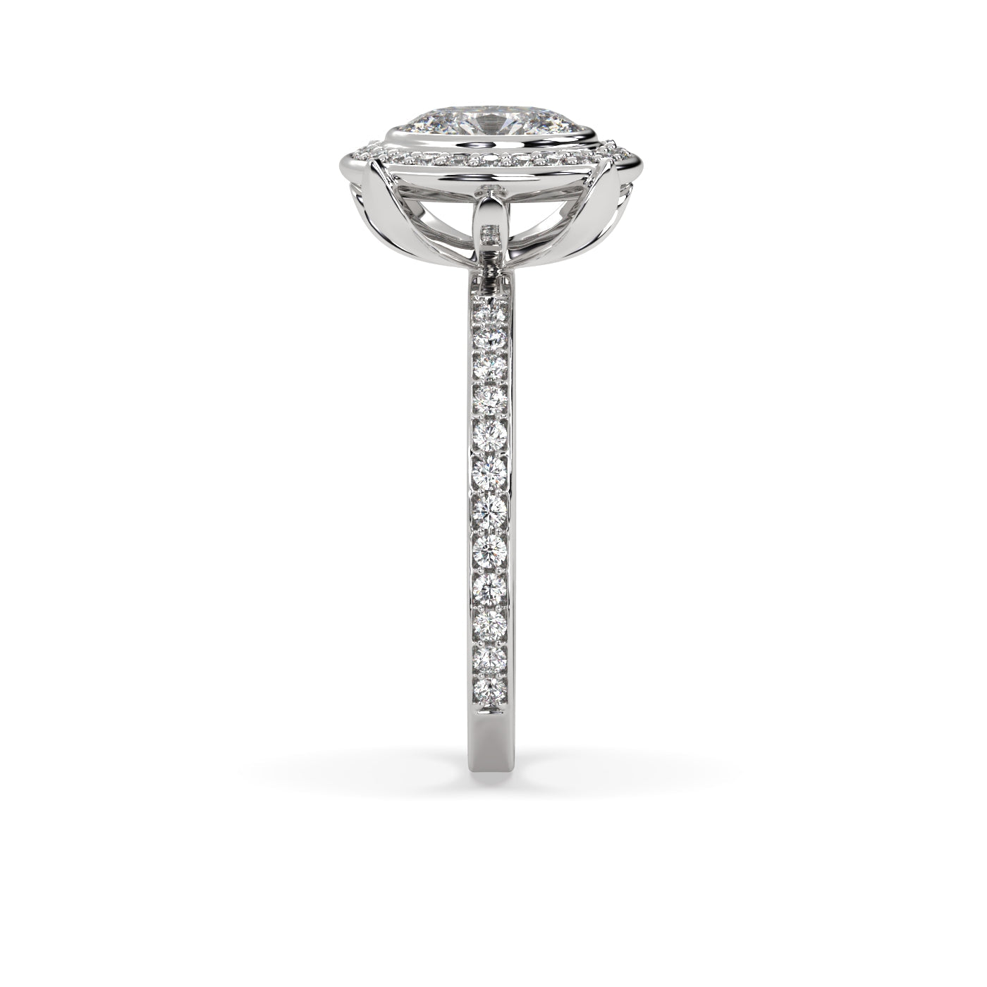 Fleur de Luce Oval Diamond Halo Engagement Ring with Pavé Set Band