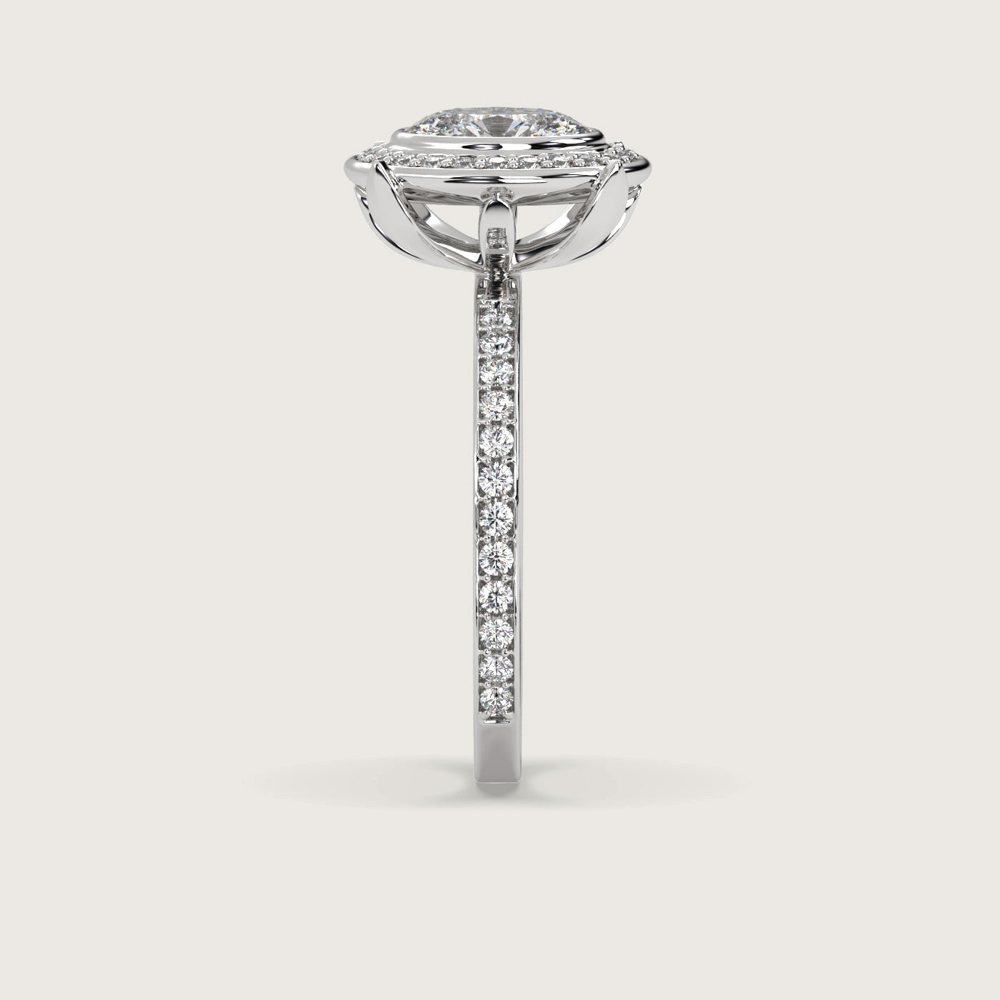 Oval Diamond Halo Engagement Ring with Pavé Set Band in Fleur de Luce Setting