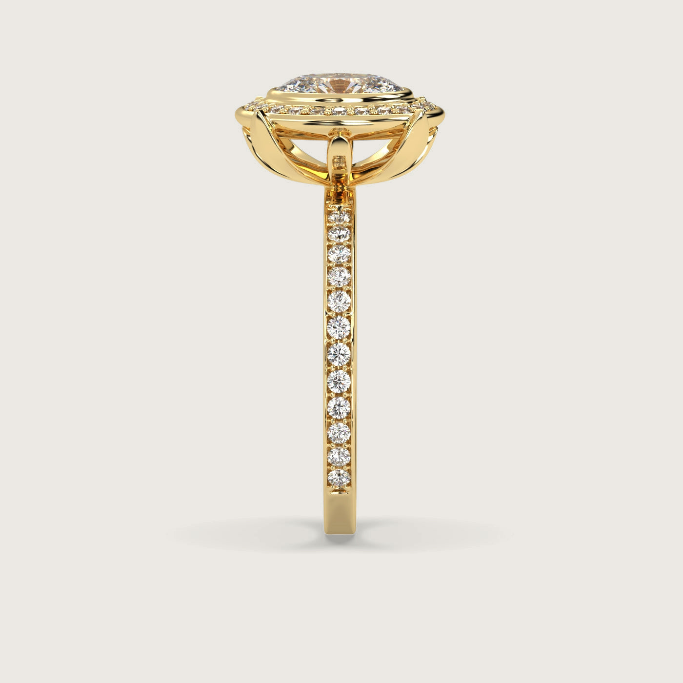 Oval Diamond Halo Engagement Ring with Pavé Set Band in Fleur de Luce Setting