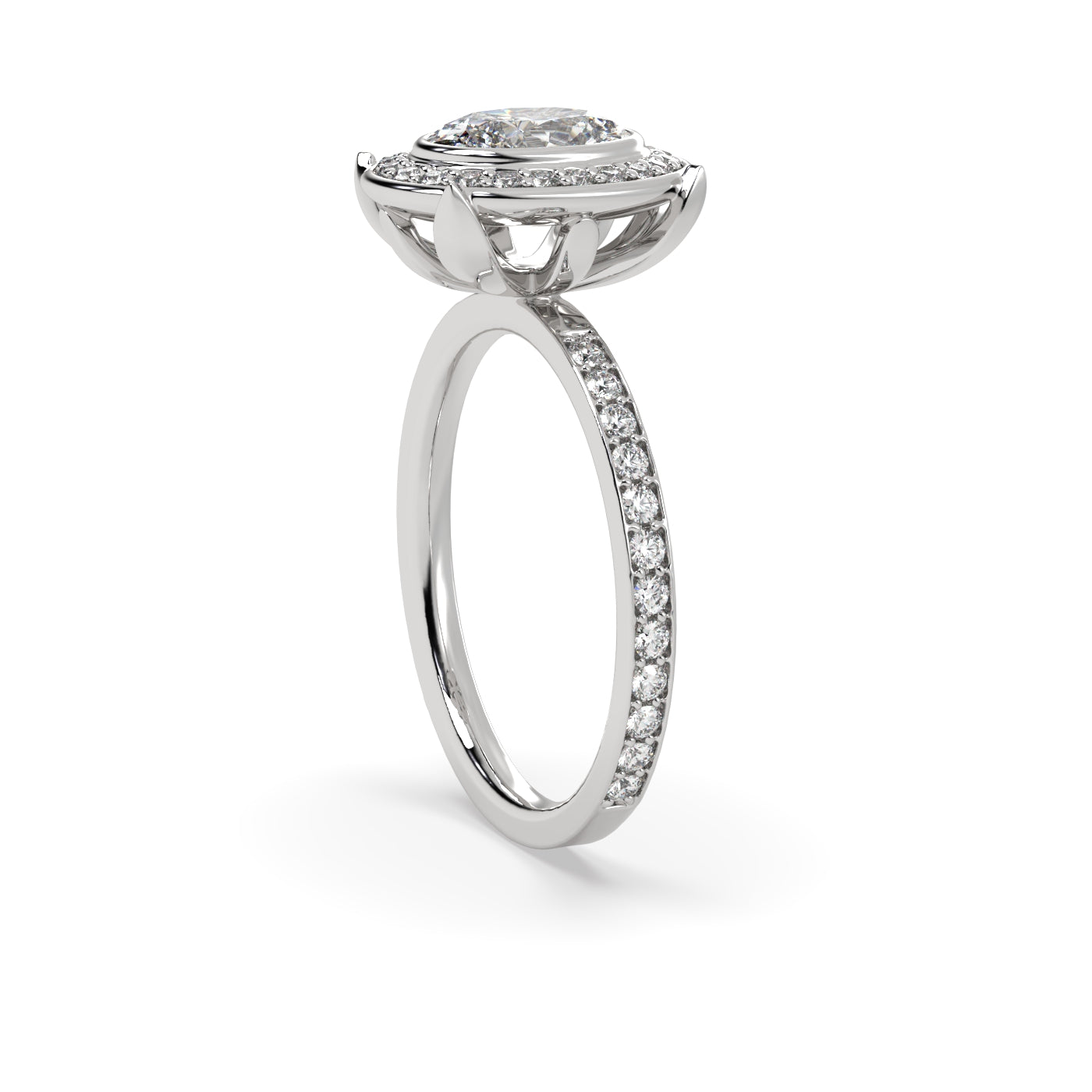 Fleur de Luce Oval Diamond Halo Engagement Ring with Pavé Set Band