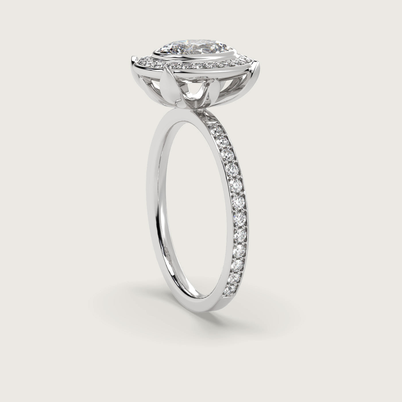 Oval Diamond Halo Engagement Ring with Pavé Set Band in Fleur de Luce Setting