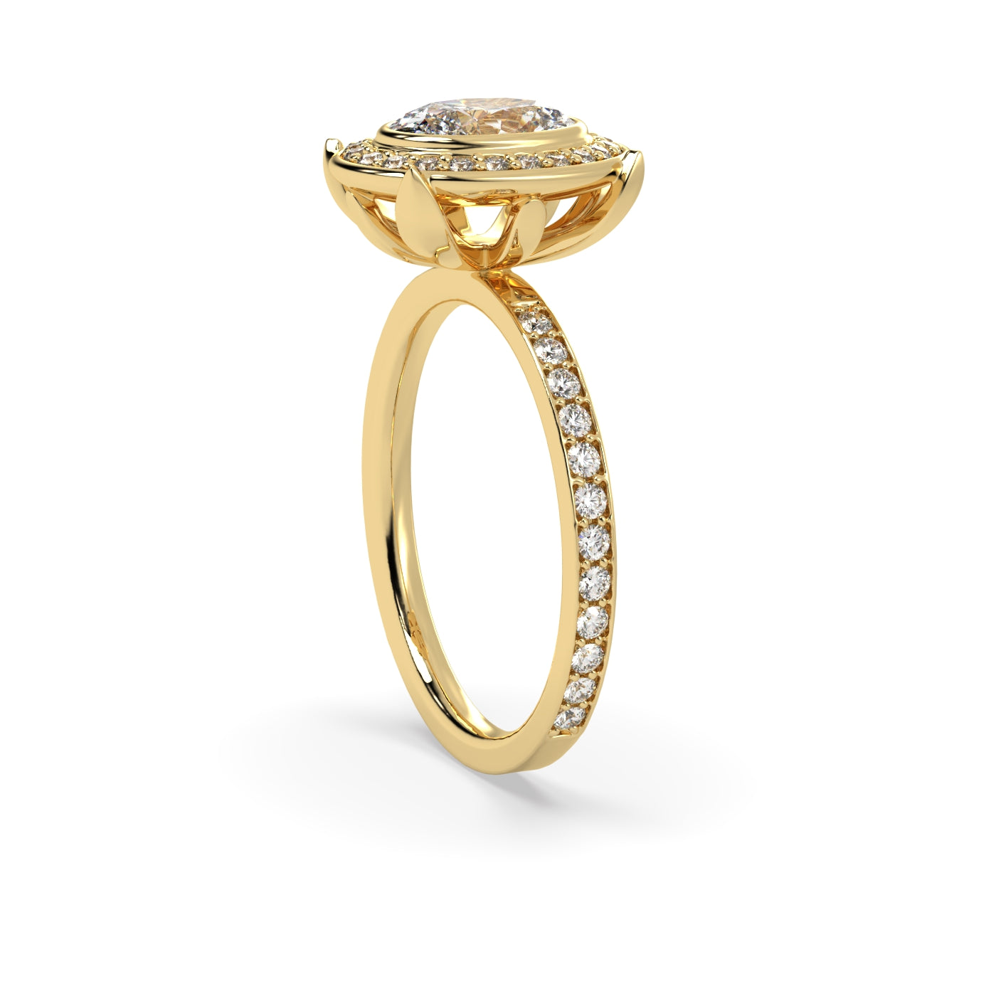 Fleur de Luce Oval Diamond Halo Engagement Ring with Pavé Set Band