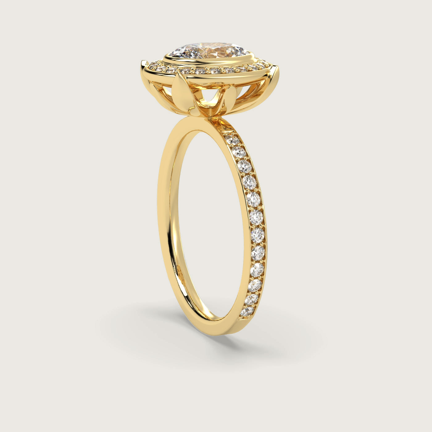 Oval Diamond Halo Engagement Ring with Pavé Set Band in Fleur de Luce Setting