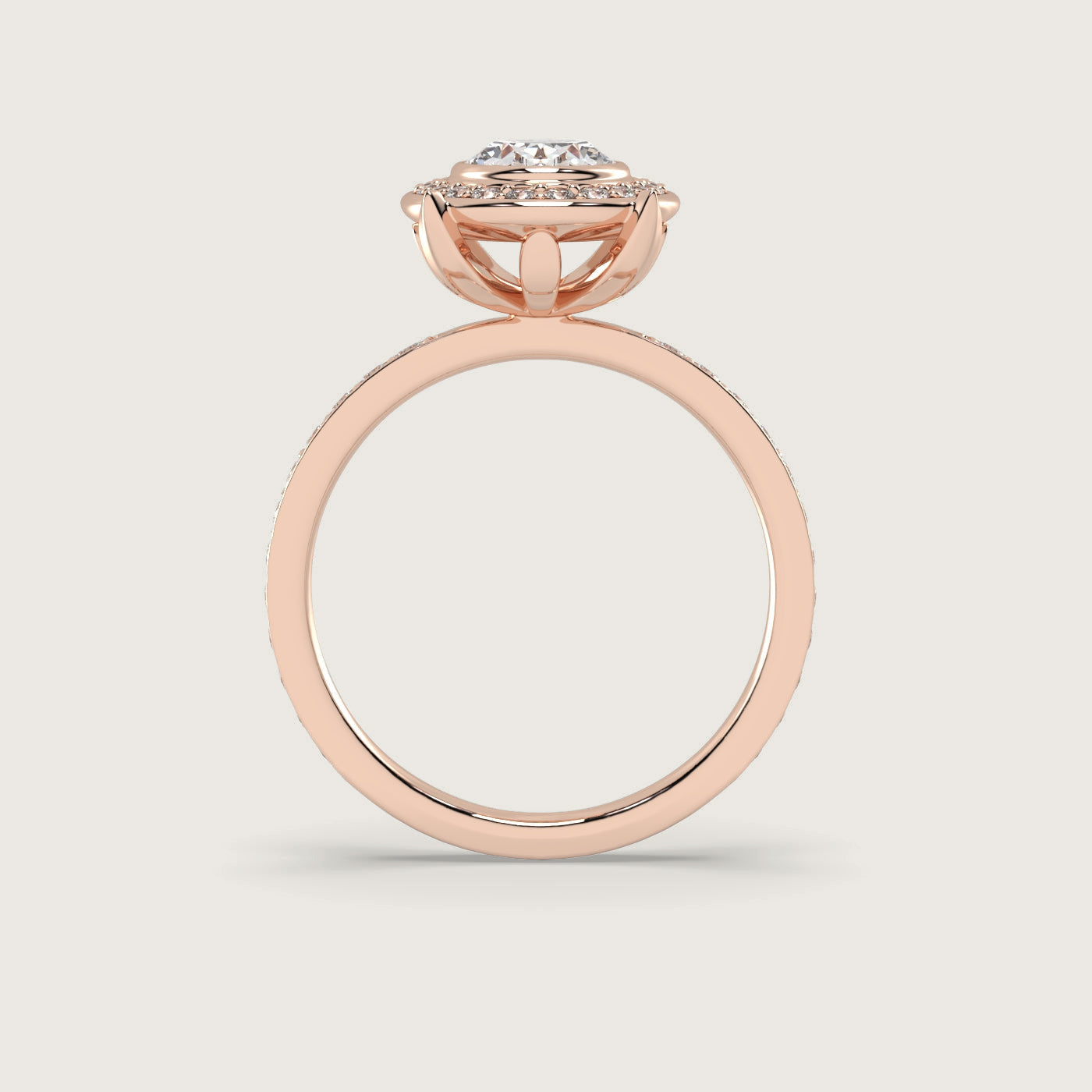 Oval Diamond Halo Engagement Ring with Pavé Set Band in Fleur de Luce Setting