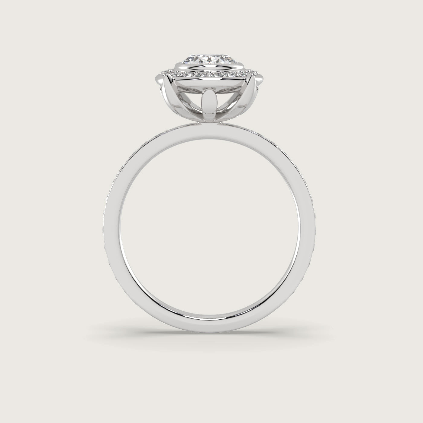 Oval Diamond Halo Engagement Ring with Pavé Set Band in Fleur de Luce Setting