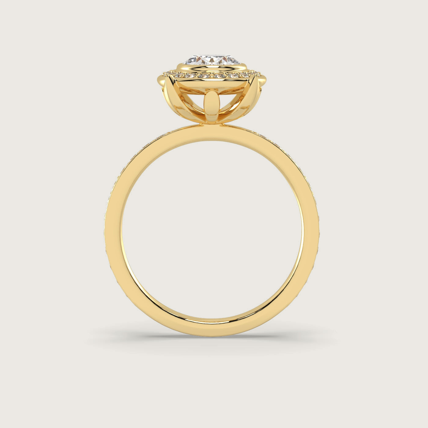 Oval Diamond Halo Engagement Ring with Pavé Set Band in Fleur de Luce Setting