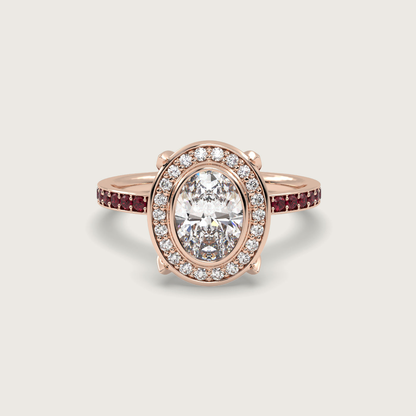 Oval Diamond Halo and Ruby Pavé Engagement Ring in Fleur de Luce Setting