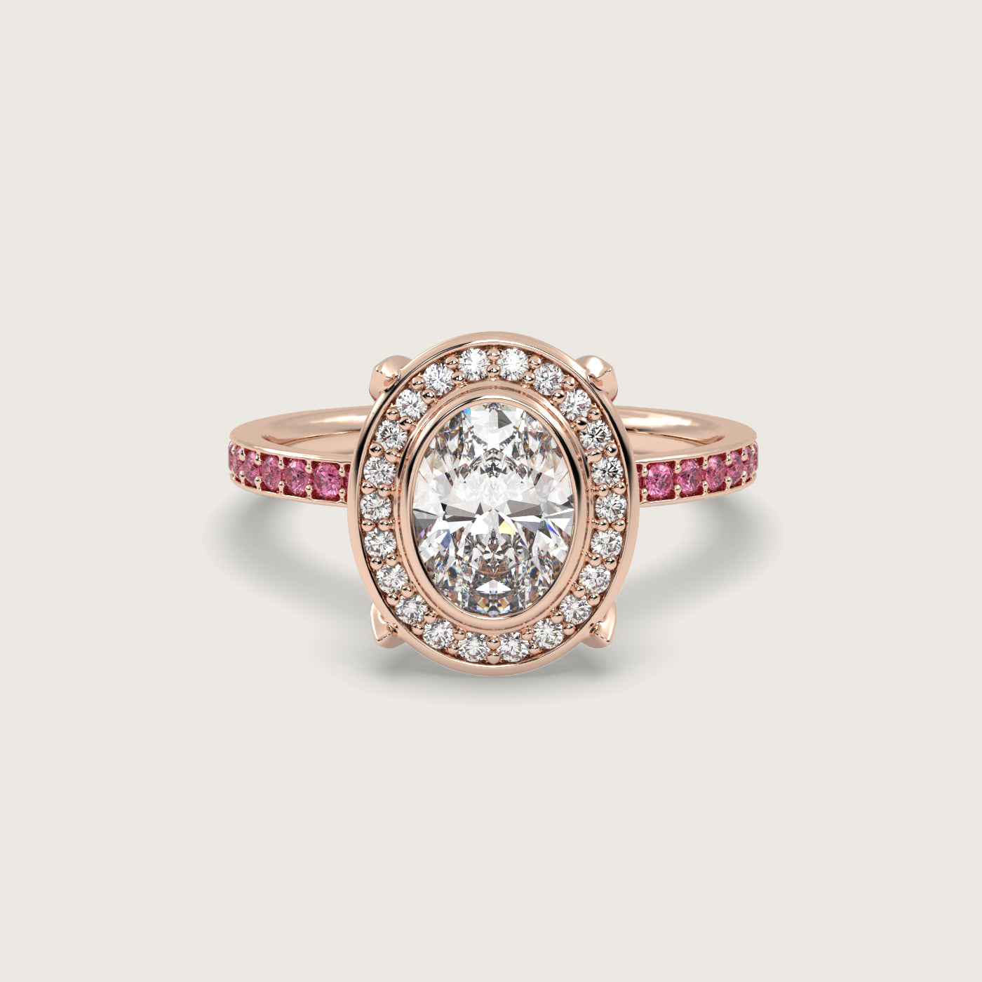 Oval Diamond Halo and Pink Sapphire Pavé Engagement Ring in Fleur de Luce Setting
