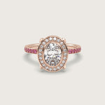 Oval Diamond Halo and Pink Sapphire Pavé Engagement Ring in Fleur de Luce Setting