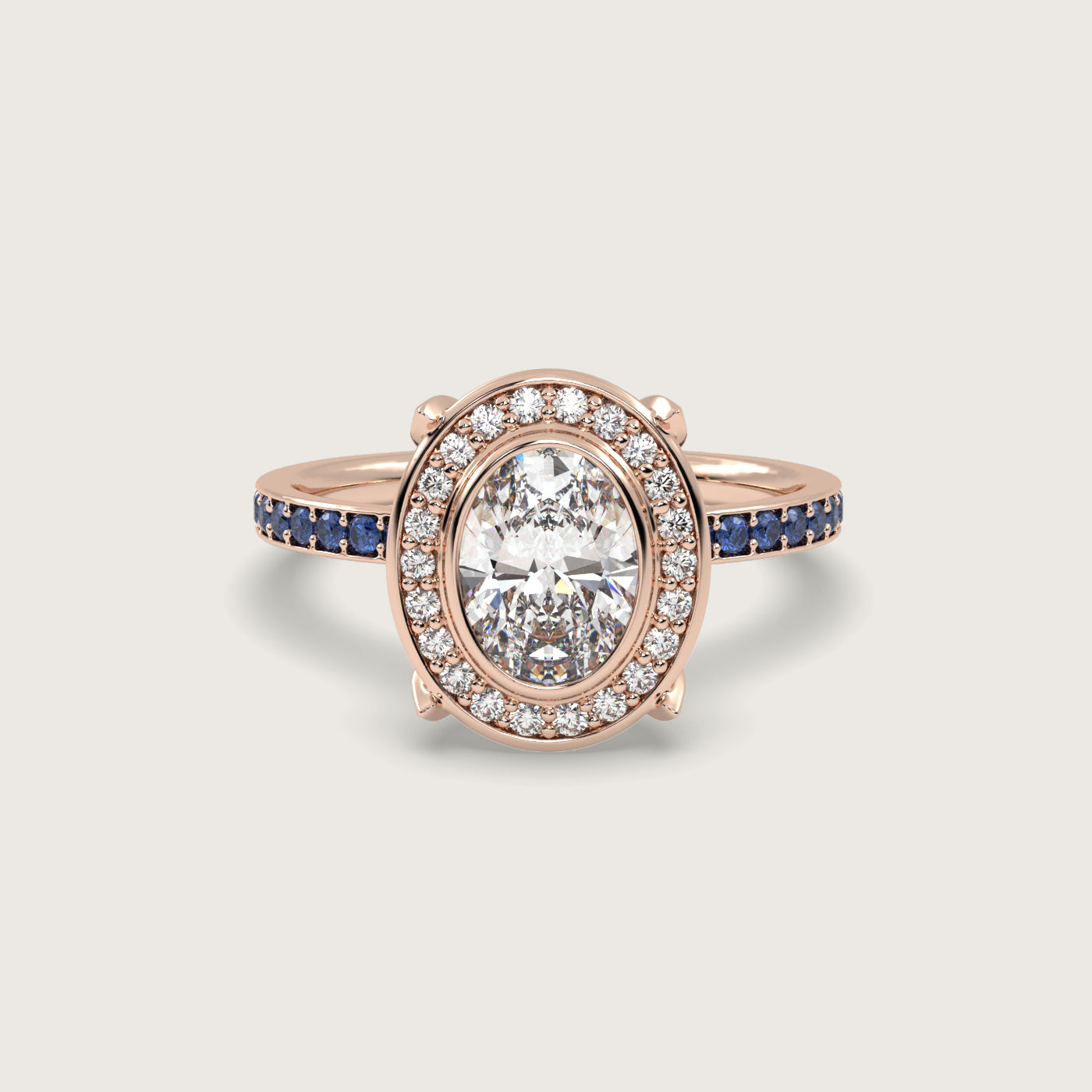 Oval Diamond Halo and Sapphire Pavé Engagement Ring in Fleur de Luce Setting