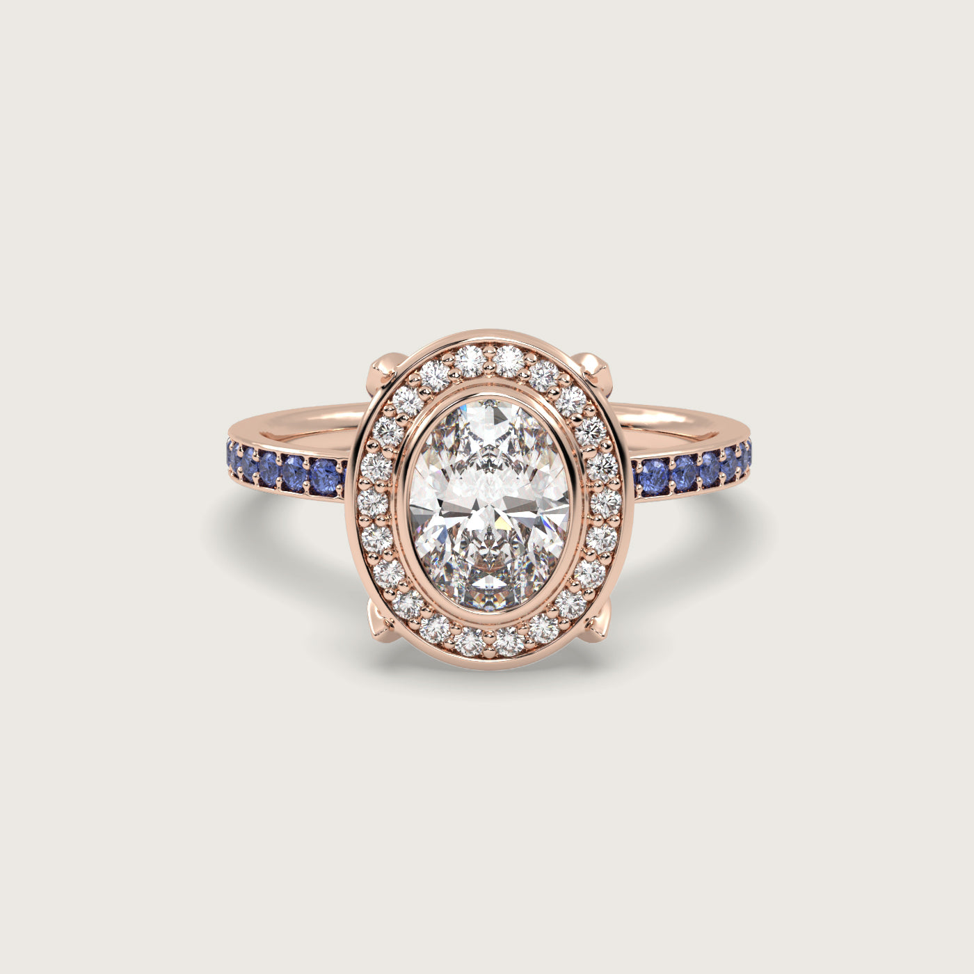 Oval Diamond Halo and Cornflower Blue Sapphire Pavé Engagement Ring in Fleur de Luce Setting