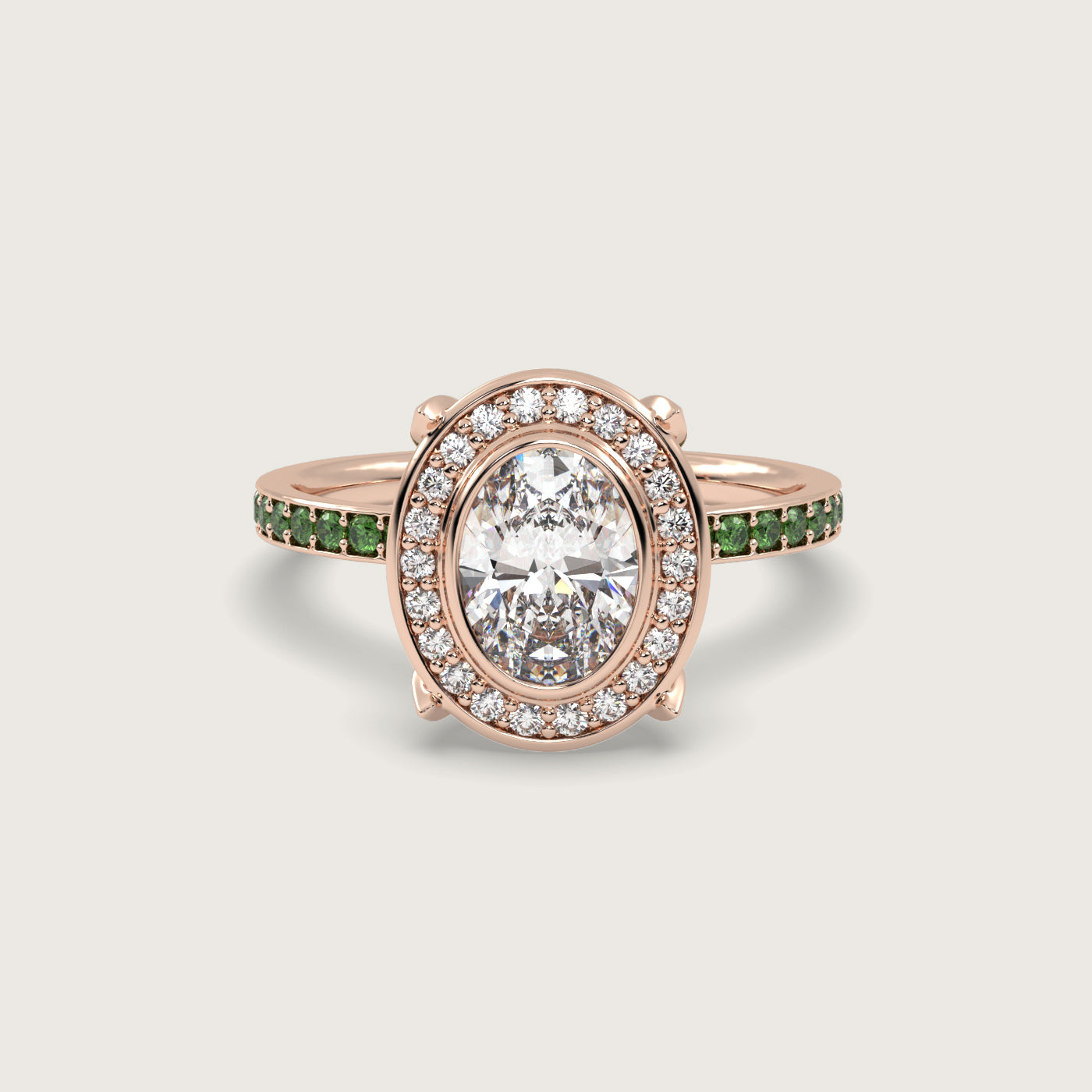 Oval Diamond Halo and Tsavorite Pavé Engagement Ring in Fleur de Luce Setting