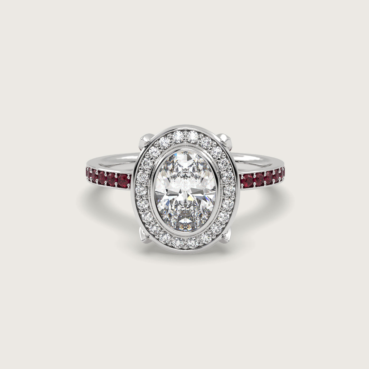 Oval Diamond Halo and Ruby Pavé Engagement Ring in Fleur de Luce Setting