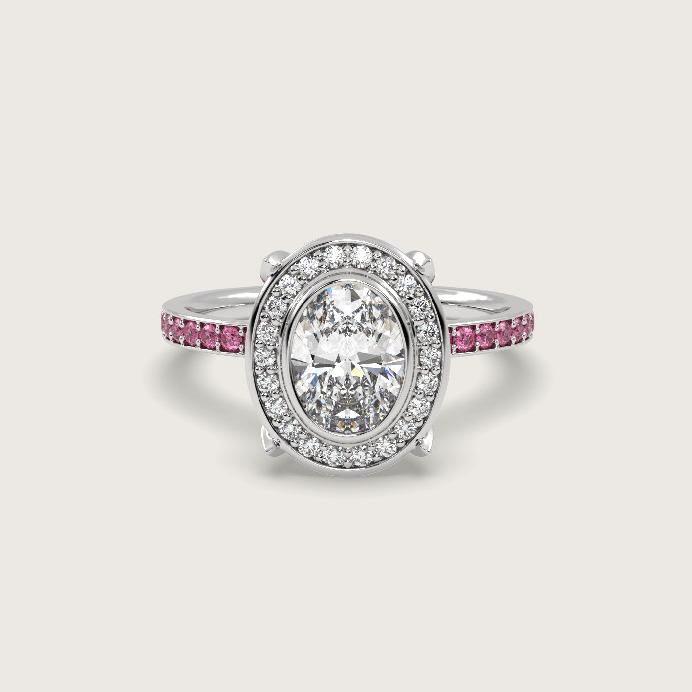 Oval Diamond Halo and Pink Sapphire Pavé Engagement Ring in Fleur de Luce Setting