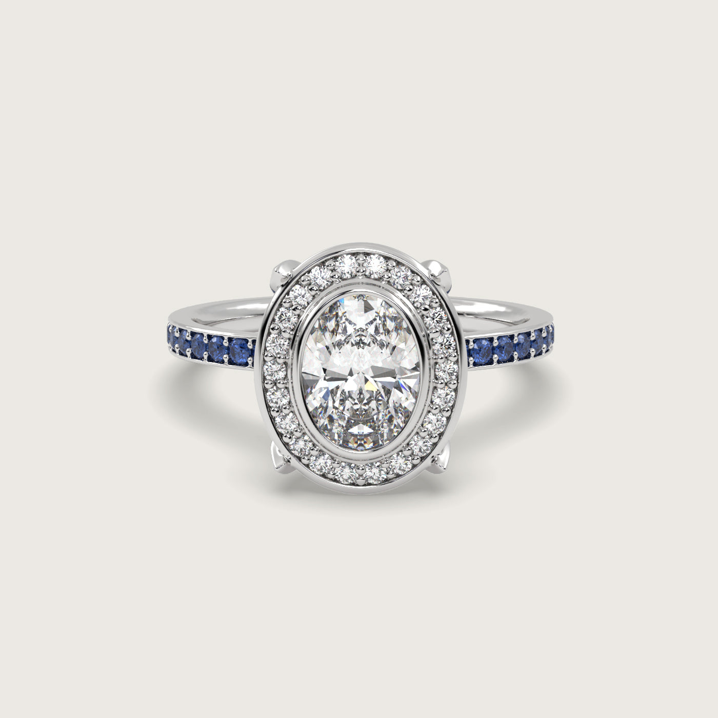 Oval Diamond Halo and Sapphire Pavé Engagement Ring in Fleur de Luce Setting