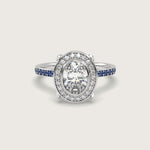 Oval Diamond Halo and Sapphire Pavé Engagement Ring in Fleur de Luce Setting